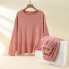 Otoño e Invierno Cuello Redondo Cálido Manga Larga Camiseta Básica Conjunto de Dos Piezas talla extra Casual Ajustado Color Sólido Ropa de Otoño Pantalones de Otoño Traje Interior