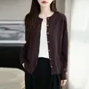 Suéter de lana 100% pura mercerizada de 36 hilos, cárdigan de punto de cuello redondo, abrigo suéter para mujer, prenda exterior de punto simple abierta