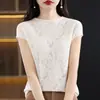 Tejido de Punto Fino Elegante de Manga Corta para Mujer, Nuevo Estilo Primavera y Verano, Patrón de Ganchillo, Corte Calado, Camiseta de Manga Media con Elegante Top Interior de Encaje