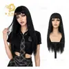 Peluca larga recta negra con flequillo, estilo cool subcultural, disfraz de cosplay para Halloween y convención de cómics [hecho a medida]