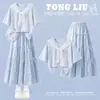 Conjunto de encaje azul de manga corta, fresco y sencillo, para niñas, lindo y casual, versátil conjunto de dos piezas con falda, 2026