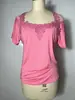 Camiseta informal suelta de manga corta con costuras en V y encaje, popular en Amazon, europea y americana, para mujer