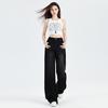 Calça Jeans de Cintura Alta Perna Larga Feminina Outono Calça Jeans de Perna Larga Feminina Outono Calça Mop de Aparência Fina Calça Jeans Rasgada Feminina Outono