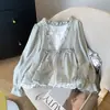 Foto real em estoque novo para o início do outono camisa de manga comprida com alça falsa de duas peças gola de renda cogumelo top doce de temperamento
