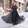 Vestido de Tencel de Verão para Férias na Praia, Emagrecimento, Moderno e Elegante, Cor Sólida, Manga Curta, Longo para Praia