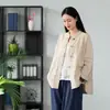 26 Ropa de Algodón y Lino de Otoño para Mujer Estilo Chino Retro Camisa de Botones Irregular de Ramio Lavada con Arena Chaqueta para Mujer
