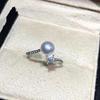 Cross-border coreano moda torção de água doce anel de pérola S925 prata quadrado diamante micro embutimento anel de dedo aberto DIY acessórios de prata