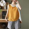 Camisola sin mangas de algodón y lino para mujer, estilo veraniego holgado y fino con decoración irregular de botones y diseño de patchwork
