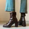Botas de tornozelo de couro estilo francês com bico quadrado e salto alto para mulheres, novas botas Martin pretas de salto grosso para outono e inverno, botas elásticas de ajuste justo