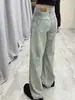 Calça Jeans Lavada Azul Claro de Cintura Alta para Mulheres, Outono e Inverno Vintage Solta Reta Wide-Leg Drapeada Comprimento Total Tendência