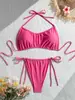 2026 Nuevo Talla Grande Transfronterizo Color Sólido de Cuello Halter Atado Sexy Estilo Europeo y Americano Dos Piezas Traje de Baño para Resort de Aguas Termales Playa para Mujeres