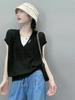 Jersey de punto de seda de hielo para mujer, de dos piezas, transpirable, fino, con corte falso, de manga corta y cuello en V, novedad de verano de 2024