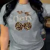 Camiseta Casual de Manga Corta para Mujer Talla Europea - Estampado de Leopardo Patrón de Cerezas con Letras Brillantes Cuello Redondo Top de Manga Corta para Mujer
