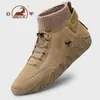 Sapatos Masculinos Genuínos de Couro de Carneiro para Outono e Inverno, Forrados com Lã, Espessos, Quentes, Sapatos Casuais de Algodão, Botas Martin Masculinas Antiderrapantes, Botas de Neve