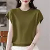 Camiseta Feminina Loose de Tricô com Gola Redonda, Novo Estilo, Tamanho Grande, Manga Curta, Top Versátil Emagrecedor para Mulheres Plus Size, Preto Tamanho Único, Branco