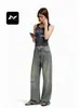 Jeans escuro vintage estilo americano rico para homens e mulheres, lavagem cat-eye de alta qualidade, desgastado, corte slim, levemente flare, calças compridas
