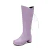 2026 Novas Botas Femininas de Couro com Bico Redondo, Cadarço e Zíper Lateral, Botas de Montaria de Cano Alto, Sapatos Femininos de Salto Médio, Tamanhos 30-50, Botas de Exportação