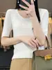 Camiseta de punto fina de manga corta para mujer, color liso a rayas, cuello en U, lana peinada, capa base, manga media, adelgazante, para ir al trabajo, primavera y verano