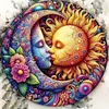 Letrero redondo de hojalata con efecto vidriera vintage con sol, luna, flores, pájaros y paisaje, pintura decorativa patriótica en placa de aluminio y hojalata para comercio transfronterizo
