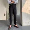 Estilo Verão Masculino Slim Fit Moda Cor Sólida Cintura Alta Calças Cropped Elegante Casual Business Estilo Italiano Calças Tendência com Fivela para Homens