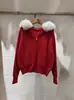 Otoño e Invierno Nuevo Estilo Sudadera de Punto con Capucha y Cuello Grande de Piel Cardigan para Mujer Estilo Perezoso Casual Pantalones de Color Sólido con Doble Bolsillo de Solapa Chaqueta Holgada