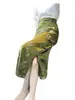 Nova Saia Jacquard Verde Retrô Estilo Chinês 2026 Novo Modelo Estilo Nacional Cintura Alta Elegante Fenda Saia Reta