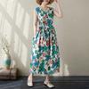 Foto real de 2025 Primavera y Verano Literario Retro Algodón y Lino Vestido Midi Estilo Mujer Sin Mangas Algodón y Lino Ligero Largo