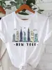 Camiseta de Algodão Feminina com Estampa do Skyline de Nova York, Modelagem Solta, Manga Curta, Gola Redonda, com Empire State Building e Estátua da Liberdade