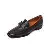 Mocasines de Piel de Vaca de Capa Superior Zapatos Pequeños de Cuero para Mujer Otoño Nuevo Vintage Punta Cuadrada Lazo Zapatos Bajos para Calzar Pies Tacón Medio Zapatos de una Sola Capa para Mujer