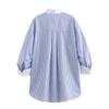 Roupas femininas de estilo europeu e americano, comércio exterior transfronteiriço, novas cores contrastantes, costura listrada, popeline, bolso com aba, calças, decoração, camisa solta casual de manga comprida