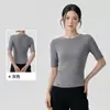 Nueva camiseta de yoga transfronteriza para mujer, corta de cuello redondo, manga de tres cuartos, top de fitness, manga corta deportiva adelgazante para Pilates