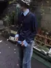 Camisa Larga de Manga Larga a Cuadros Empalmada Falsa de Dos Piezas Estilo Americano Azul Marino para Hombre Top Chaqueta de Alta Gama Miu