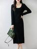 Vestido Largo de Lana con Cuello en U para Mujer, Falda Plisada de Otoño e Invierno, Vestido Suéter Básico de Punto para Mujer