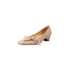 Estilo Coreano Laço Doce Pele de Cordeiro Nude 2026 Outono Salto Grosso Salto Médio Bico Quadrado Pequeno Couro Genuíno Decote Baixo Sapatos de Salto Único Feminino