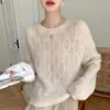 Suéter de punto para mujer con cuello redondo, 75% cachemira 25% seda de morera, nueva camisa base holgada para otoño e invierno, suéter de manga larga