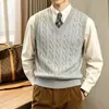 Colete Tricot Gola V Masculino Estilo Britânico Retrô Outono Inverno Cor Sólida Jovem Roupa de Baixo Cardigã de Tricô Sem Mangas