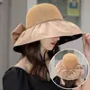 Chapéu de Sol com Laço Vazado Cola Preta Verão Feminino Proteção Solar Aba Grande Proteção UV Chapéu de Pescador