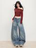 Jeans Retro Americanos de Pierna Ancha para Mujer Otoño 2025 Nuevo Cintura Alta Diseño Delgado Sueltos Caídos Pantalones Scimitar