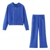 Conjunto de Sudadera con Capucha Casual de Moda 2026 de Manga Larga, Color Sólido, con Cremallera + Pantalones Acampanados Elásticos de Tiro Medio para Exportación