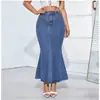Saia jeans transfronteiriça, com babados, versátil e modeladora, cintura alta, longa, saia sereia