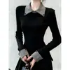 Camisa Base de Tricô com Gola Polo Estilo Coreano Color-Blocking Falsa Peça Dupla para Mulheres, Roupa Íntima Slim-Fit para Início do Inverno, Suéter Top com Manga Longa e Ombro Normal
