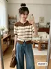 Cardigan de Punto con Bloques de Color Estilo Coreano Nuevo Verano 2026 Cuello Redondo Bordado de Little Pony Raya Top Adelgazante Rejuvenecedor para Mujer