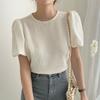 Chic Coreano Verano Dulce y Delicado Corte Waffle Cuello Redondo Manga Abullonada Camiseta Camisa Top