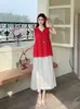 Vestido Chaleco Francés de Tirantes con Cuello en V, Vestido Largo Holgado Estilizador Estilo Coreano para Mujer, Viaje, Vacaciones en la Playa, Estilo Vacacional
