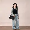 Conjunto de Dos Piezas para Niñas, Moda Casual de Primavera y Otoño, Top Color Block Estrellado con Pantalones de Pierna Ancha