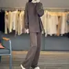 Conjunto de Duas Peças Outono/Inverno 2026 Novo Suéter de Tricô de Lã Pura Engrossado com Barra Dobrada Gola Redonda e Calça de Cintura Alta de Cor Sólida Wide Leg