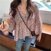 Estilo coreano Loose Slimming Collar Retro Floral Long-sleeved Western Style Chiffon Top Outono Elegante Super Fairy Shirt das Mulheres