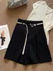 Calça casual elegante com cinto ~ Novo 2025 shorts femininos versáteis de perna reta, shorts de verão de cintura alta emagrecedores