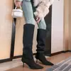 Botas de montar de cuero de caña alta para mujer, nuevo estilo otoño e invierno, botas de tacón de aguja de punta fina de cuero genuino, botas de pierna recta