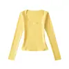 Ry2604-26 Estilo Primavera Americano Slim Fit Gola U Grande Cor Doce Cintura Formada Manga Longa Camiseta Camisa Básica